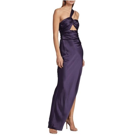THE SEI Silk Asymmetrical Bandeau One-shoulder Cut Out Gown Fig Purple size 8 - Picture 4 of 11